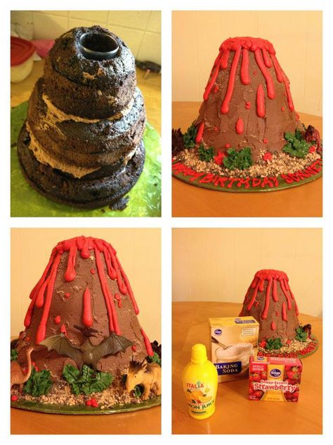 Sorry, don’t have pictured of the eruption, but it did work! We used Jello, Lemon Juice and Baking Soda… the kids loved it! Erupting Volcano Cake, Lemon Juice And Baking Soda, Volcano Cake, Erupting Volcano, Dino Cake, Dinosaur Birthday Cakes, Dino Birthday Party, Science Party, Dinosaur Cake