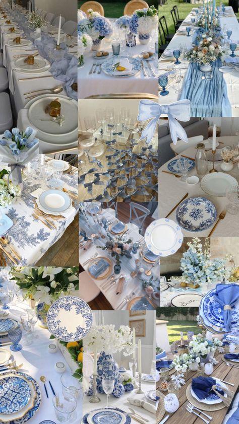 blue plate, blue dinner party , aesthetic blue dinner, blue lunch, something blue theme, sweet sixteen Blue Dinner Party, French Blue Wedding, Blue Dinner, Bridal Shower Inspo, Something Blue Bridal, Tafel Decor, Blue Bridal Shower, Aesthetic Preppy, Light Blue Wedding