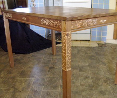 Celtic Room Aesthetic, Celtic Home Decor Ideas, Wood Ikea Kitchen, Celtic Interior Design, Viking Desk, Celtic Furniture, Ikea Kitchen Table, Viking Table, Celtic Home Decor