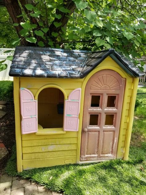 Cottage Playhouse Makeover, Little Tikes Playhouse Makeover, Cottage Playhouse, Plastic Playhouse, Wooden Ironing Board, Playhouse Makeover, Distressing Painted Wood, Wood Playhouse, House Numbers Diy