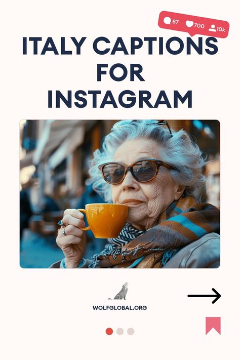 Graphic for "Italy Captions for Instagram," featuring an elderly woman sipping from a yellow cup.
A checklist of playful Italian travel experiences with corresponding emojis and a website link.
Young woman with a laptop surrounded by social media engagement icons, promoting wolfglobal.org. Italy Instagram Captions, Italy Quotes, Italy Instagram, Captions For Instagram Posts, The Sistine Chapel, Roman Holiday, Sistine Chapel, Captions For Instagram, Single Words