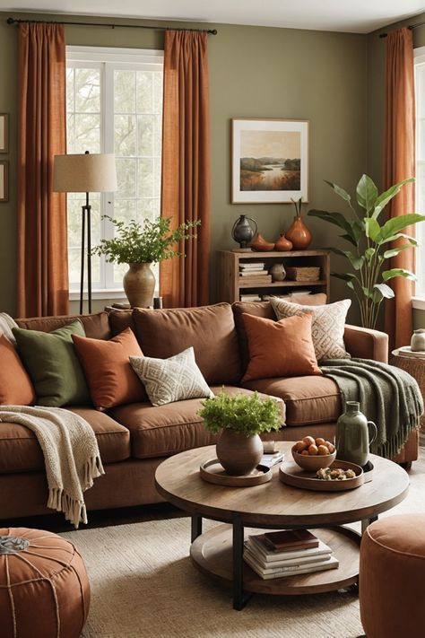 21 Brown Sofa Living Room Ideas – The Dear Lab Brown Sofa Styling, Brown Green Living Room Ideas, Leather Brown Couch Living Room Ideas, Green Brown Interior, Orange Couch Living Room, Brown Sofa Living Room Ideas, Brown And Green Living Room, Brown Couch Decor, Sofa Living Room Ideas