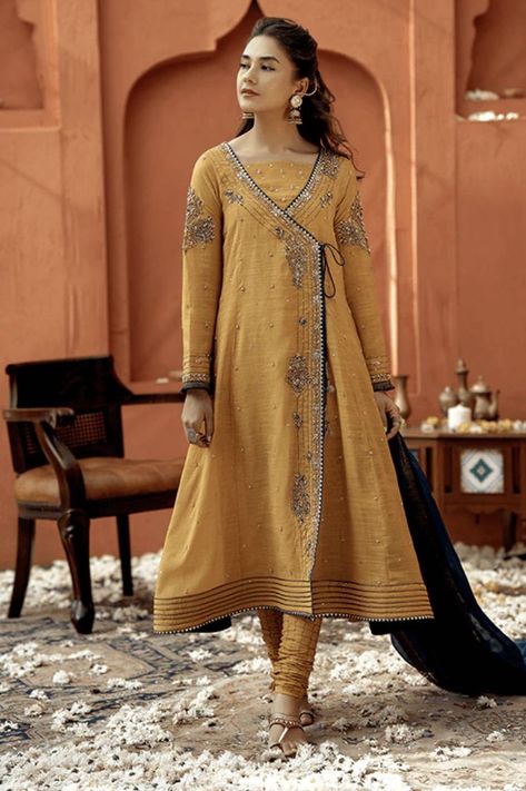 New Festive Collection, Angrakha Frock Casual, Angarkha Style Dress Designs, Angrakha Style Frock Pakistani, Frock With Churidar Pajama, Angrakha Style Kurti Pakistani, Angrakha Frock Design, Angrakha Pakistani, Angarkha Kurti Pattern