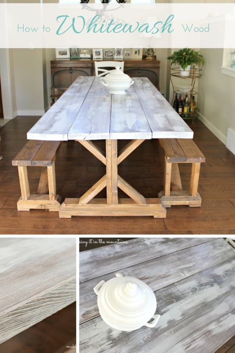 Ever wonder how to whitewash wood? Here's your solution! The end result is stunning! @Making It In The Mountains How To Whitewash Wood, White Wash Table, Pottery Barn Table, How To Whitewash, Barn Table, Diy Pallets, Farmhouse Style Table, Pottery Barn Inspired, Whitewash Wood