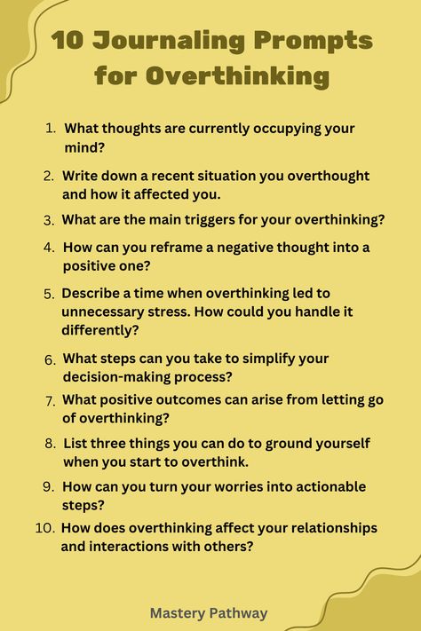 10 Journaling Prompts for Overthinking Writing Prompts For Overthinking, Journal Prompts For Overthinkers, Journal Prompts For Triggers, Trigger Journal Prompts, Journaling Overthinking, Journaling For Overthinking, Coping Mechanism For Overthinking, Ocd Journaling Prompts, How To Overcome Overthinking