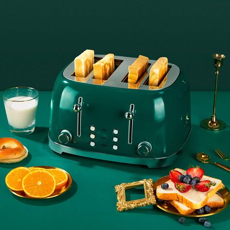 REDMOND 4 Slice Toaster Retro Stainless Steel Toasters with Bagel Defrost Cancel Function, 6 Browning Settings, Green, ST033 Green Toaster, Smeg Toaster, Retro Kitchen Appliances, Retro Toaster, Dark Green Kitchen, Electric Toaster, 4 Slice Toaster, Stainless Steel Toaster, Kettle And Toaster Set