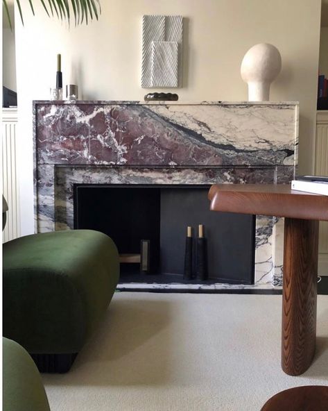 Lilac Marble, Fire Places, Contemporary Fireplace, Fireplace Remodel, Modern Fireplace, Green Chair, Fireplace Wall, Mantle Decor, Fireplace Design