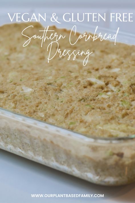 A delicious recipe for vegan and gluten free southern cornbread dressing. Made with cornbread, cream of celery, and fresh vegetables, this dish is sure to be a favorite for your next holiday celebration. #vegan #glutenfree #veganholiday #glutenfreeholiday #cornbreaddressing #veganthanksgiving #veganchristmas #glutenfreethanksgiving #glutenfreechristmas Gluten Free Cornbread Dressing, Vegan Dressing Recipes, Gluten Free Dressing, Southern Cornbread Dressing, Dairy Free Dressing, Vegan Gluten Free Dinner, Vegan Cornbread, Cornbread Dressing Southern, With Cornbread