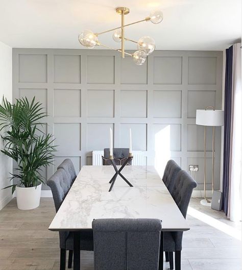 The panelling in @numberoneredwood dining room is super stylish, painted in @farrowandball Manor House Grey it really sets the most elegant tone. Would you go for a dark or light finish? #loverenovate #panelling #farrowandball #manorhousegrey #renovation #renovating #toptips #interiorlover #renovate #renovatedhome #homerenovations  #loverenovation #interiordesign #myhousethismonth #ourrenovationproject #internalrenovation Kitchen Diner Decor, Dining Room Feature Wall, Dining Room Paneling, Panels Design, Dining Room Accent Wall, 8 Seater Dining Table, Panel Ideas, Dining Room Accents, Room Accent Wall