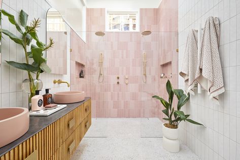 The Block 2020: Week 4 — Master ensuite reveal Pink Bathroom Tiles, Ensuite Room, Pink Tile, Beaumont Tiles, Pink Showers, Master Ensuite, Pink Tiles, Curved Walls, Ideas Hogar