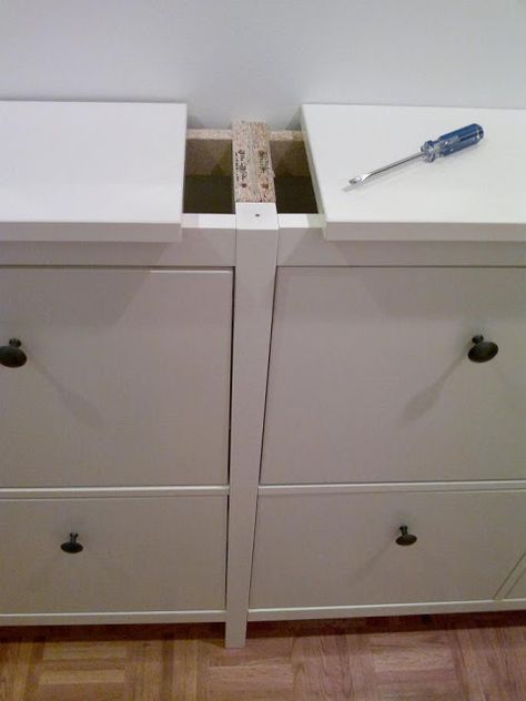 IKEA hemnes shoe cabinet made into a double by removing one of the sides, and drilling the second cabinet into the first Ikea Hemnes Shoe Cabinet, Ikea Shoe Storage, Cabinet Ikea, Cabinet Hack, Hemnes Shoe Cabinet, Ikea Shoe Cabinet, Vstupná Hala, Ikea Shoe, Hacks Ikea