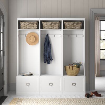 Small Garage Mudroom Ideas, Shoe Storage Wood, Bench Shoe Storage, Bench And Shoe Storage, Entryway Decorating, Front Closet, House Upgrades, Cubby Shelves, Hall Trees