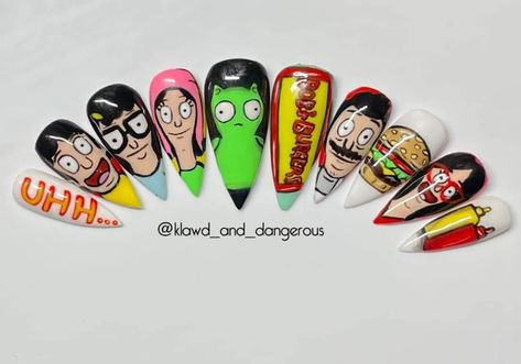 Bobs Burgers Nail Art, Bobs Burgers Nails, Cartoon Character Nail Art, Cartoon Character Nails, 90s Cartoon Nails Acrylic, Cartoon Nail Designs, Character Nails, Oval Nails Designs, Vegas Nails