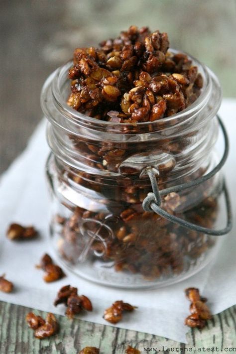 Candied Pepitas in a jar Candied Pepitas, Balanced Recipes, Seed Recipes, Family Friendly Recipes, Pumpkin Seed, Nuts And Seeds, Family Friendly Meals, Favorite Snack, Sweet Stuff