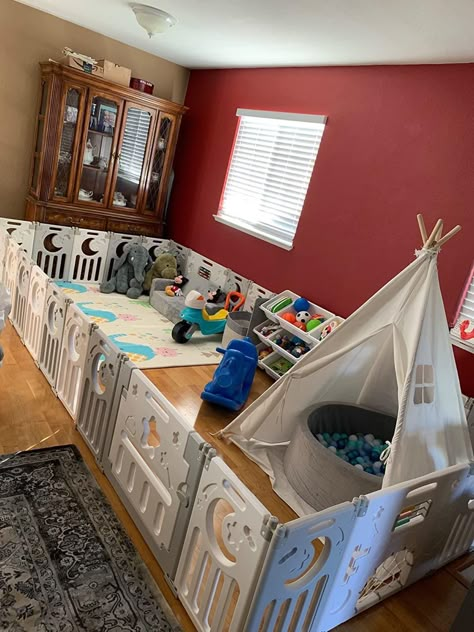 Baby Play Area In Living Room Gate, Large Playpen Ideas, Play Yard Ideas Indoor, Play Pen In Living Room, Toddler Apartment Play Area, Small Baby Play Area, Infant Play Area In Living Room, Baby Play Area In Living Room, Baby Playpen Ideas