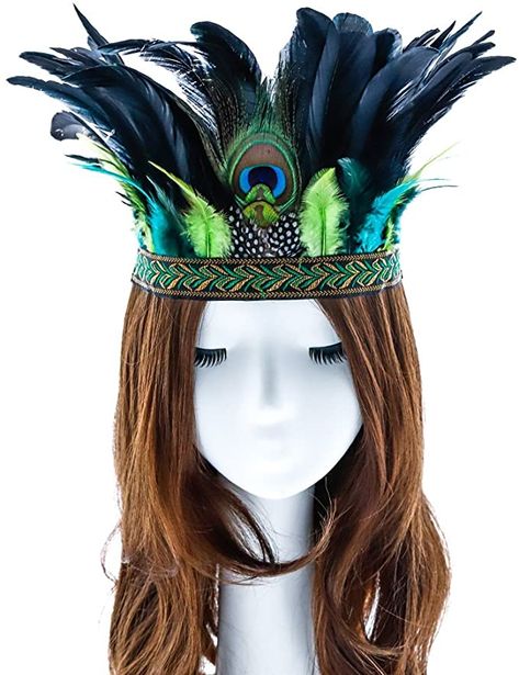 Amazon.com: Aukmla Peacock Feather Fascinator Decorative Feather Headpiece Crown Headdress Costume Headband for Party (Green) : Clothing, Shoes & Jewelry Halloween Costume Hats, Old Halloween Costumes, Festive Hair, Feather Fabric, Bohemian Hair Accessories, Crown Headdress, Peacock Costume, Hair Feathers, Feather Crown