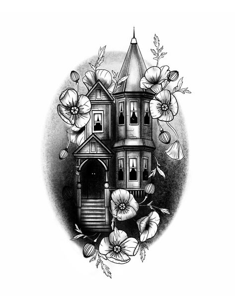 A digital tattoo design of a spooky Victorian house. More art on ig @artbycherilyn Big Spooky Tattoos, Goth Victorian Tattoo, Halloween House Tattoo, Victorian Home Tattoo, Gothic House Tattoo, Book Aesthetic Tattoo, Spooky House Tattoo, Haunted House Tattoo Design, Gothic Victorian Tattoo