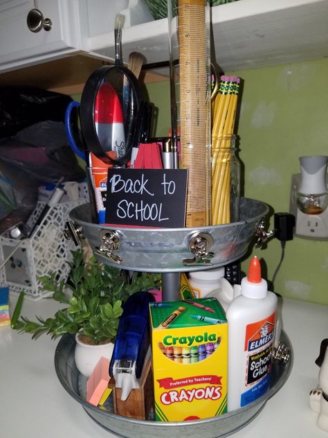 Back to School tiered tray Back To School Tiered Tray Decor, Cafe Classroom, Galvanized Tiered Tray, School Table, Back To School Breakfast, Summertime Decor, Galvanized Tray, Summer Table Decorations, School Tables