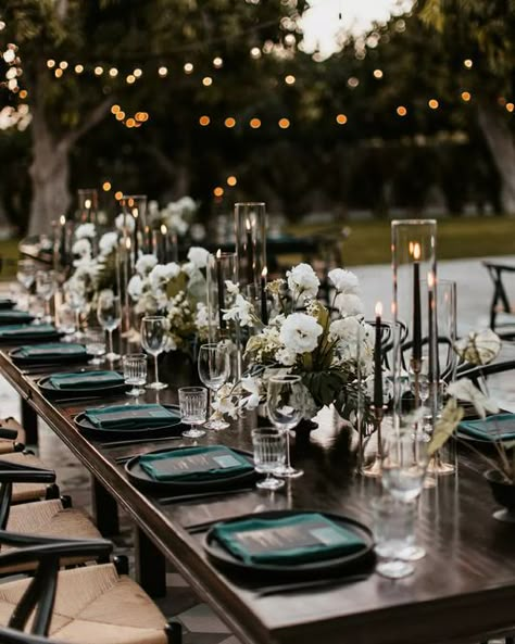 Moody Black And Green Wedding, Esmeralda Green Wedding, Flowers For Dark Green Wedding, Black White And Emerald Green Wedding Table Settings, Wedding Theme Dark Green, Midnight Green Wedding Theme, Emerald Moody Wedding, Black Tie Wedding Emerald Green, Racing Green Wedding