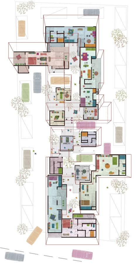 Dragon Court Village / Eureka  Perspective Floorplan Co Housing, Architecture Board, Architecture Collage, Architecture Graphics, Layout Architecture, Plan Drawing, Coban, Architecture Rendering, Diagram Architecture