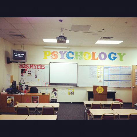 High school psychology classroom. The big letters up top were traced off a smart board projecting whatever size and font I wanted, then laminated and cut out. Psychology Classroom Decorations High School, School Psychology Bulletin Board Ideas, Psychology Classroom Decorations, High School Psychology Classroom, Psychology Classroom, School Psychology Office Decor, High School Psychology, Classroom Decor Primary, Letter Sounds Preschool