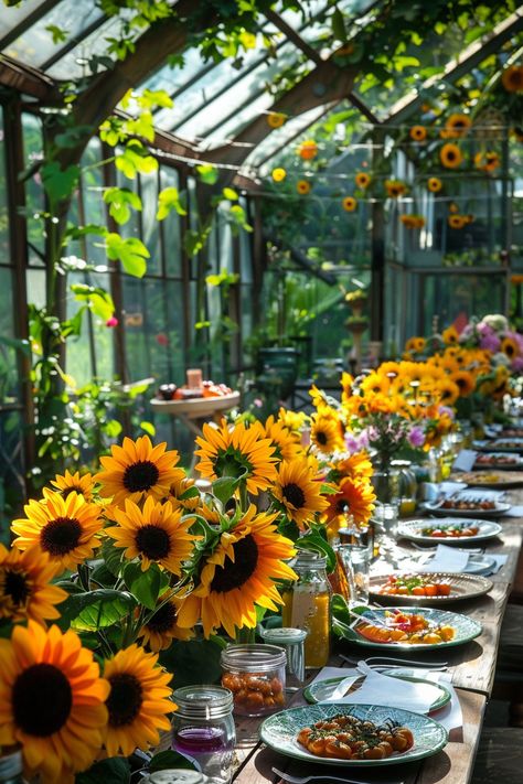 Birthday Party Greenhouse - Inspirations - TastyInteriors Greenhouse Dinner Table, Greenhouse Dinner Party, Greenhouse Party, Greenhouse Dining Room, Greenhouse Dining, Outdoor Greenhouse, Yellow Party, Hydrangea Arrangements, Bee Wall