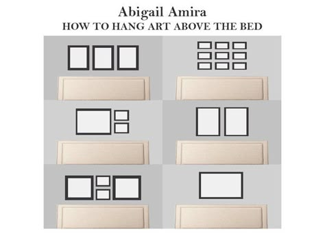 How to hang art above the bed. www.abigailamira.com Hanging Frames Above Bed, 3 Pictures Above Queen Bed, Bed Wall Frame Ideas, Photos Above Headboard, Wall Art King Size Bed, Photo Size Above King Bed, Pictures Above King Size Bed, Picture Over King Size Bed, How To Hang Pictures Above Bed