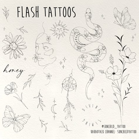 Tiny Flash Tattoo Sheet, Classy Patchwork Tattoo, Floral Tattoo Flash Sheet, Flash Design Tattoo, Unique Fineline Tattoo, Small Tattoos Patchwork, Cute Line Work Tattoos, Patchwork Flash Sheet, Sunchild Tattoo