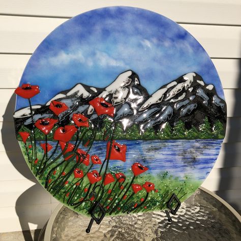 Fused Glass Art Mountains, Fused Glass Mountain Scene, Fused Glass Mountains, Fused Glass Landscapes, Totem Ideas, Frit Painting, Glass Landscape, 4th Grade Art, Fused Glass Artwork