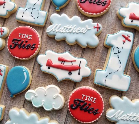 Airplane Party Food, Airplane Cookies, Time Flies Birthday, Planes Birthday Party, First Birthday Cookies, Planes Birthday, First Birthday Posters, Boys First Birthday Party Ideas, Boys 1st Birthday Party Ideas