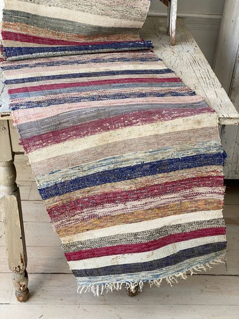 Hello and welcome to the Textile Trunk! Please follow us on Instagram, we are @textiletrunk This lovely textile is a hand loomed rag rug from Europe, dating from the early to mid 1900's. ~ Gorgeous farmhouse striped pattern and colors! This textile was woven by hand and used as a floor covering. This bolt was woven with a cotton thread warp and the weft is woven with strips of various cloths! This piece has a lovely fringe on its edges! In this textile (if you look closely) there is just about e 5 Hobbies, Loom Rug, Gorgeous Farmhouse, Peg Loom, Hallway Carpet, Runner Carpet, Stair Runner, Floor Covering, Vintage Plaid