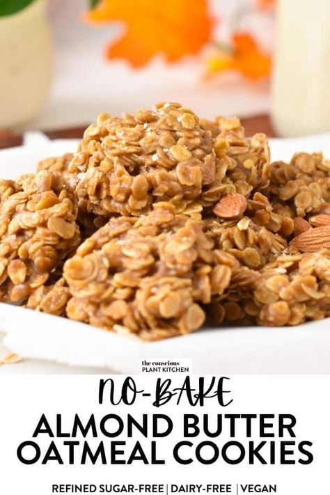 These No-bake Almond Butter Cookies are soft, easy no-bake oatmeal cookies made with almond butter. Almond Butter No Bake Cookies, Almond Butter Cookies Recipe, Almond Butter Recipe Snacks, Recipes With Almond Butter, Almond Butter Dessert, Almond Butter Cookie Recipe, Blueberry Oatmeal Cookies, Almond Butter Oatmeal, Bake Oatmeal