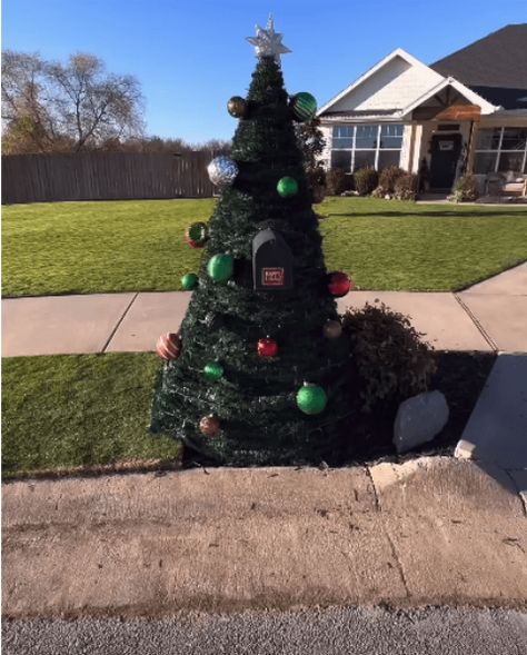 DIY Mailbox Christmas Tree That’s Unmatched - ManMadeDIY Christmas Brick Mailbox Decorations, Mailbox Christmas Tree, Mail Box Christmas Decor, Decorating Mailbox For Christmas, Dollar Tree Christmas Mailbox Diy, Christmas Tree Mailbox Ideas, Holiday Mailbox Decor, Mailbox Garland Christmas Diy, Diy Christmas Mailbox Ideas