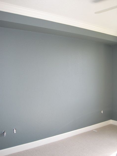 Wall paint color is Martha Stewart Schoolhouse Slate. Gorgeous blue/gray. Would be a stunning cabinet color too! Blue Gray Bathroom, Wall Paint Color, Blue Bedroom Walls, Guest Bedroom Remodel, Small Bedroom Remodel, Paint Blue, Living Room Wall Color, Room Wall Colors, Gray Walls