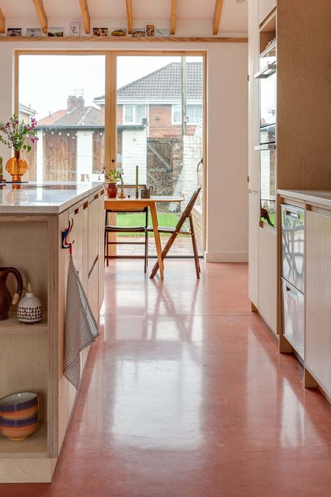 Pink Linoleum Flooring, Pink Kitchen Floor Tiles, Pink Wooden Floor, Colorful Kitchen Floor Tiles, Pink Kitchen Floor, Color Concrete Floor, Terrazzo Linoleum Flooring, Pink Painted Floor, Poured Concrete Floor Kitchen