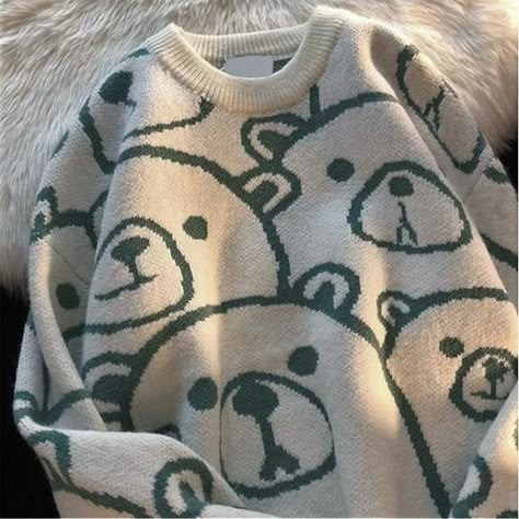 Mushini - Bear Print Knit Sweatshirt Couples Sweaters, Blue White Top, Y2k Long Sleeve, Outfit Korean, Y2k Tops, Korean Fashion Casual, Long Sleeve Tops Casual, Streetwear Y2k, Warm Sweaters