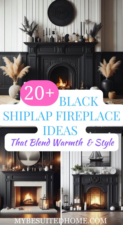 Black never looked so cozy! Discover 20+ stunning black shiplap fireplace ideas that combine modern elegance with a warm, inviting atmosphere. #blackshiplapfireplace
#fireplaceideas
#modernfireplace
#fireplacedecor
#cozyhome How To Dress A Fireplace Living Rooms, Dark Mantle Decorating Ideas, Black Fireplace Decor Ideas, Black Fireplace Mantle Decor, Black Fireplace Mantel Decor, Wallpaper Above Fireplace, Black Mantel Fireplace, Black Fireplace Decor, Metal Fireplace Mantel