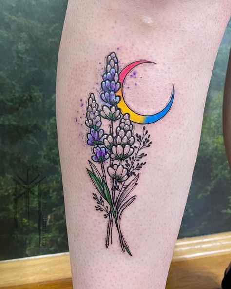 Lisa Samhain Tattoo · ᛗ · ᛉ · on Instagram: “• I was allowed to tattoo my lavender design in #pansexualpride colours last Saturday, thank you thousand times, Jennifer ❤️🧡💛💚💙💜• . . .…” Paint Smudge Tattoo, Lavender Menace Tattoo, Pansexual Tattoo Ideas, Samhain Tattoo, Pansexual Tattoo, Queer Tattoos, Violet Tattoo, Lavender Design, Pride Tattoo