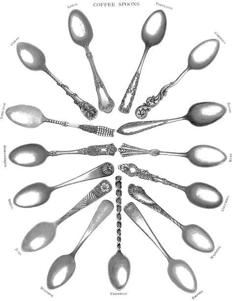 8 Free Fork and Spoon Clipart! - The Graphics Fairy Spoon Tattoo, Mural Bathroom, Antique Kitchen Decor, Vintage Foto's, Cafe Store, Free Wall Art, The Graphics Fairy, Coffee Spoons, Free Printable Wall Art