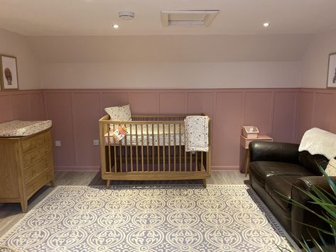 Wood panelling oak cot nursery Two Tone Pink Nursery, Pink Nursery Panelling, Half Pink Wall Nursery, Pink Panel Wall Nursery, Dusky Pink Nursery, Pink Panelling Nursery, Dusky Pink Panelling, Panelled Walls Nursery Pink, Pink Chair Rail Nursery