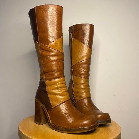 I might be biased but you should probably buy this on Depop 👍 https://depop.app.link/zug9crkGllb Patchwork Boots Outfit, Vintage Leather Boots, Vintage Brown Boots, Chunky 70s Boots, Brown Boots Aesthetic Vintage, 70s Brown Boots, Patchwork Leather Boots, Brown Patchwork Boots, Vintage Brown Platform Boots