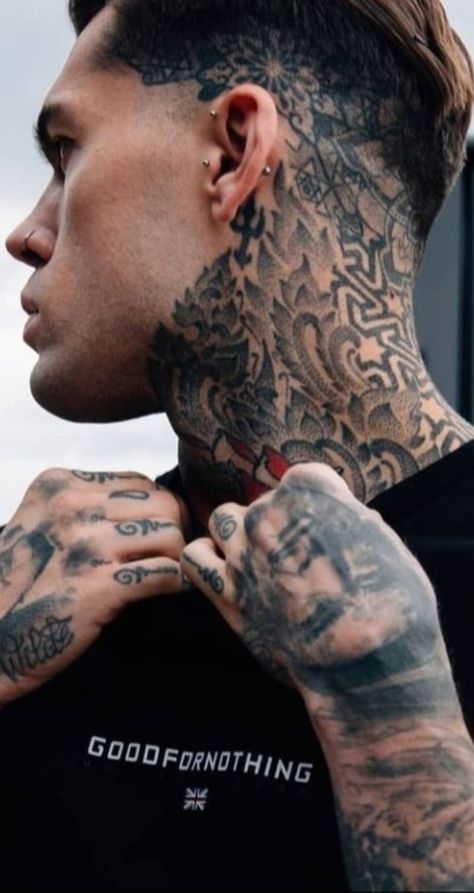 Tattoos Men Aesthetic, Back Of Neck Tattoo Men, Throat Tattoos, Flower Neck Tattoo, Cute Elephant Tattoo, Stephen James Model, Bluebird Tattoo, Throat Tattoo, Black Outfit Men