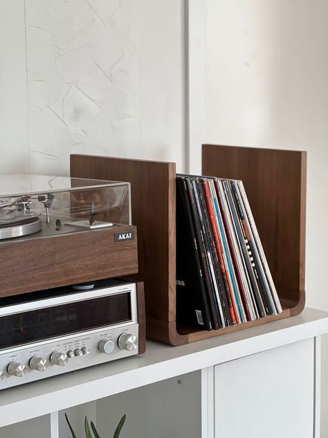 Modern design Vinyl Record holder, Wood Record Storage walnut color, LP Record Stand, Record Cabinet, Record Player Console, Record Storage Vinyl Record Wall Storage, Black Themed Apartment, Vinyl Player Setup, Lp Record Stand, Turntable Setup, Record Album Storage, Record Player Console, Record Player Cabinet, Vinyl Shelf