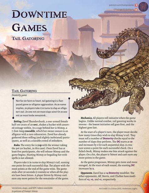 Tail Gatoring - Downtime Activity - Free | Humperdink's Wares on Patreon Dexterity Games, Festival Games, Dnd Mini, Dnd Stories, Home Brewery, Dungeon Master's Guide, Campaign Ideas, Dnd Funny, Dnd Ideas