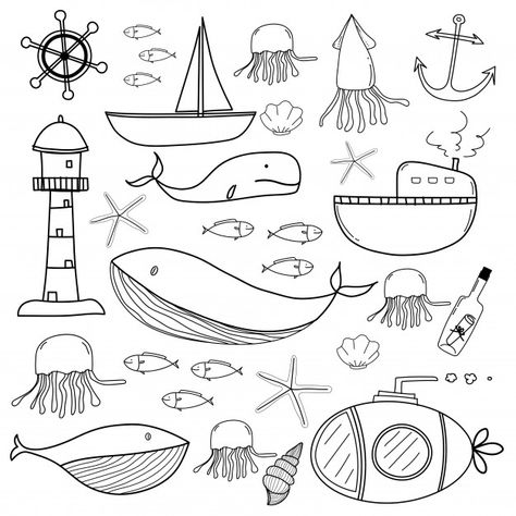 Sea Doodles, Cute Animal Clipart, Sketch Notes, Art Style Inspiration, Journal Doodles, Marine Animals, Simple Doodles, Animal Coloring Pages, Doodle Drawings