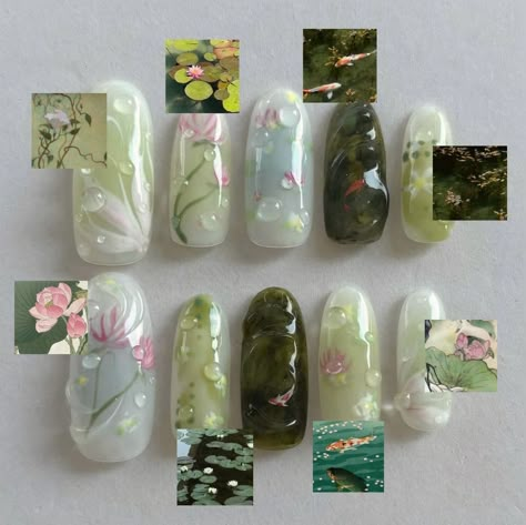 Nails Plant Design, Green Ocean Nails, Nature Nail Ideas, Green Tea Nails, Lotus Lily Pad, Nail Designs Floral, Aries Women, Fantasy Nails, Perfect Manicure