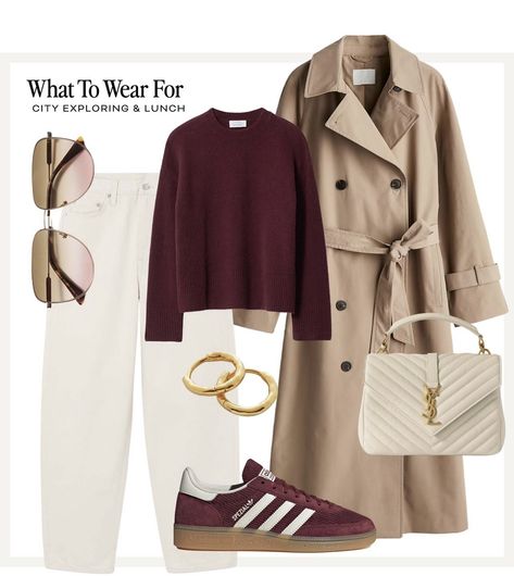 Ivory Jeans Outfit, Office Outfits With Sneakers, Burgundy Dress Outfit, Burgandy Sweater, Cos Outfit, Burgundy Outfits, Trench Outfit, Casual Office Outfits, Workplace Fashion