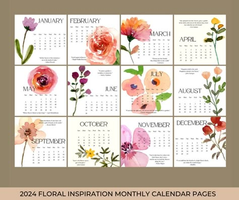 Printed Calendar, Colorful Calendar, Monthly Desk Calendar, Free Printable Calendar Templates, Mini Desk Calendar, Flower Calendar, Watercolor Calendar, Modern Calendar, Creative Calendar