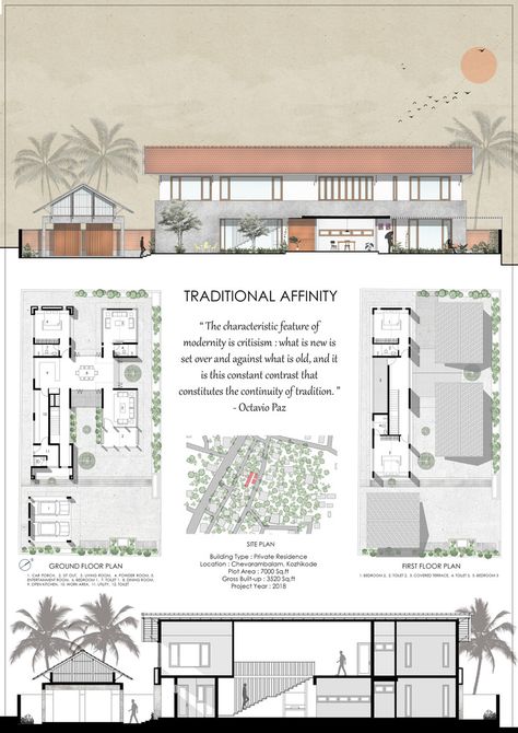 Gallery of Traditional Affinity House / Thought Parallels - 24 Thought Parallels Architecture, Thought Parallels, Farmhouse Layouts, Sheet Presentation, Indonesian Architecture, Architect Data, Indonesian House, Sloped Roof, Presentation Board Design