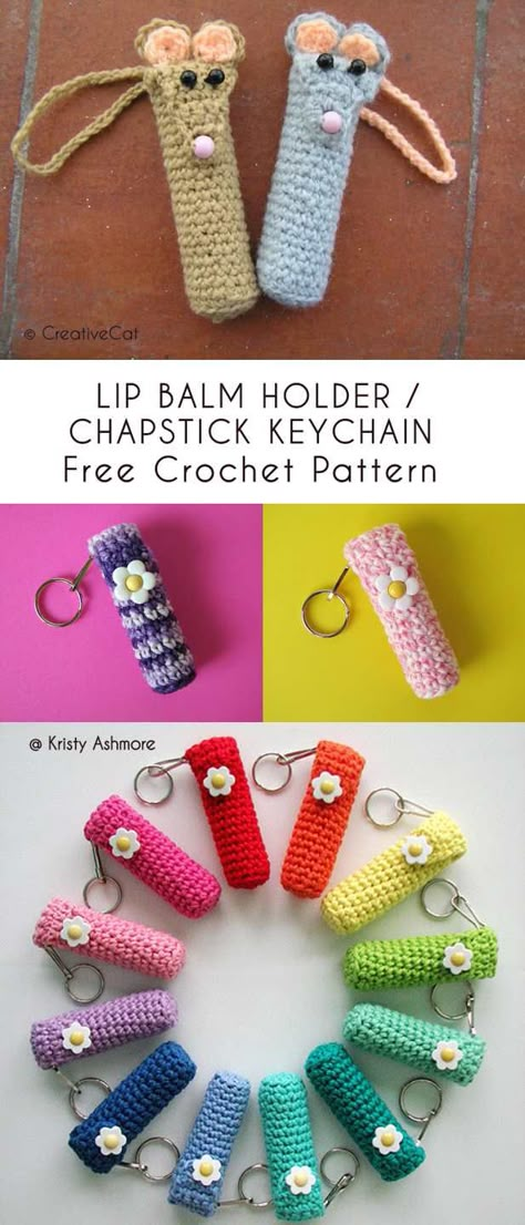 Lip Balm Holder Keychain Free Crochet Pattern Crochet Keychain Cozy, Keychain Knitting Pattern, Lip Balm Cozy Free Pattern, Things To Add To Your Keychain, Crochet Key Chains Free Pattern Simple, Crocheted Keychain Patterns, Crochet Keychain Charms, Crochet Key Chains Free Pattern, Small Crochet Gifts Free Pattern